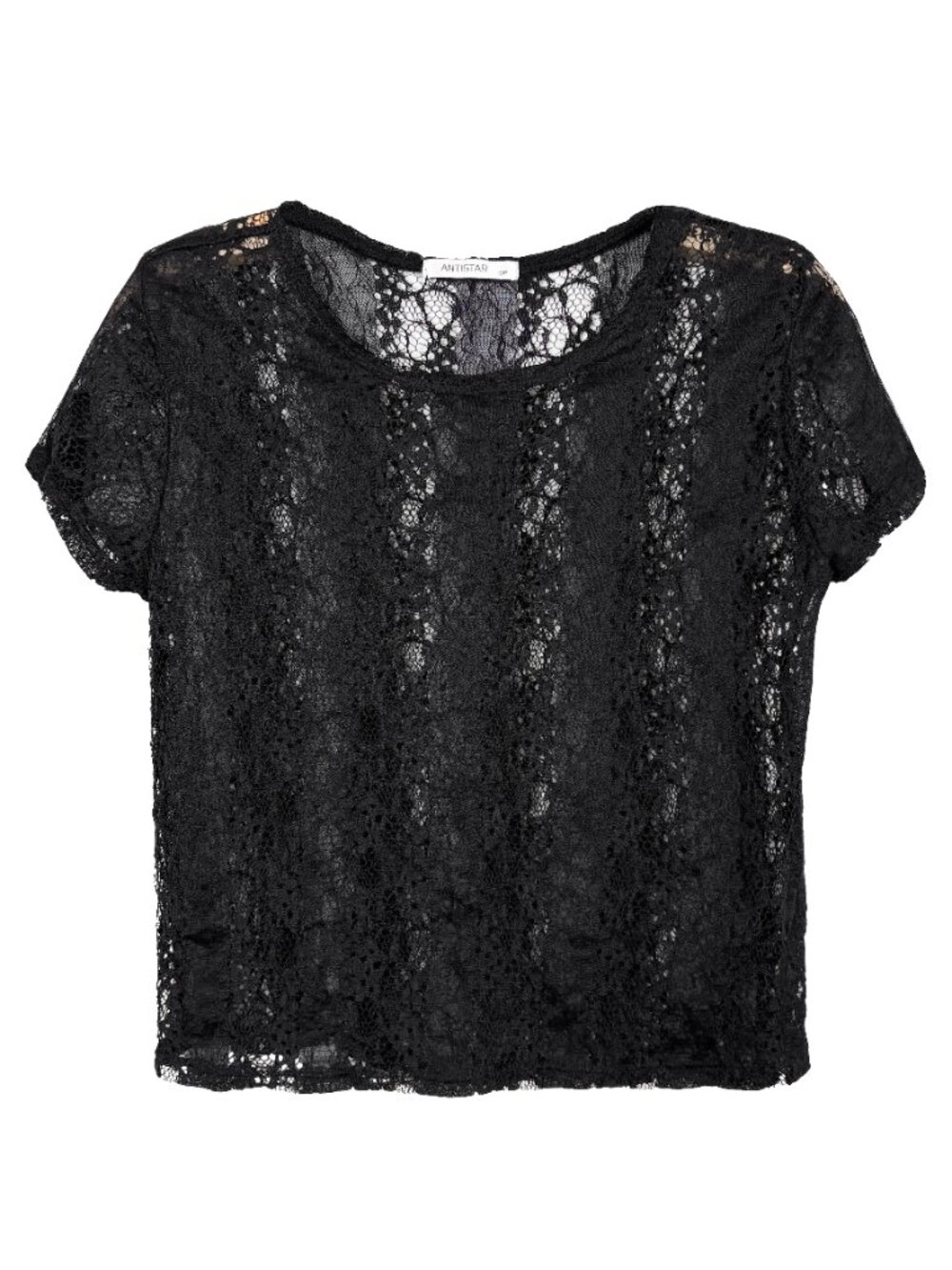 Antistar Womens Small Lace Crochet  Cropped Black T-Shirt Top Festival
